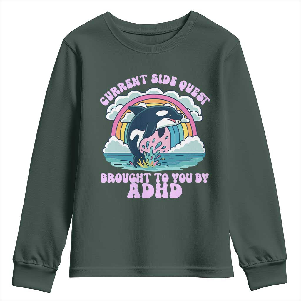 Side Quest ADHD Youth Sweatshirt Funny Neurodivergent Meme TS10 Dark Forest Green Print Your Wear