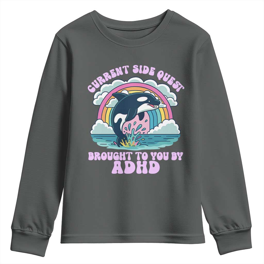 Side Quest ADHD Youth Sweatshirt Funny Neurodivergent Meme TS10 Dark Heather Print Your Wear