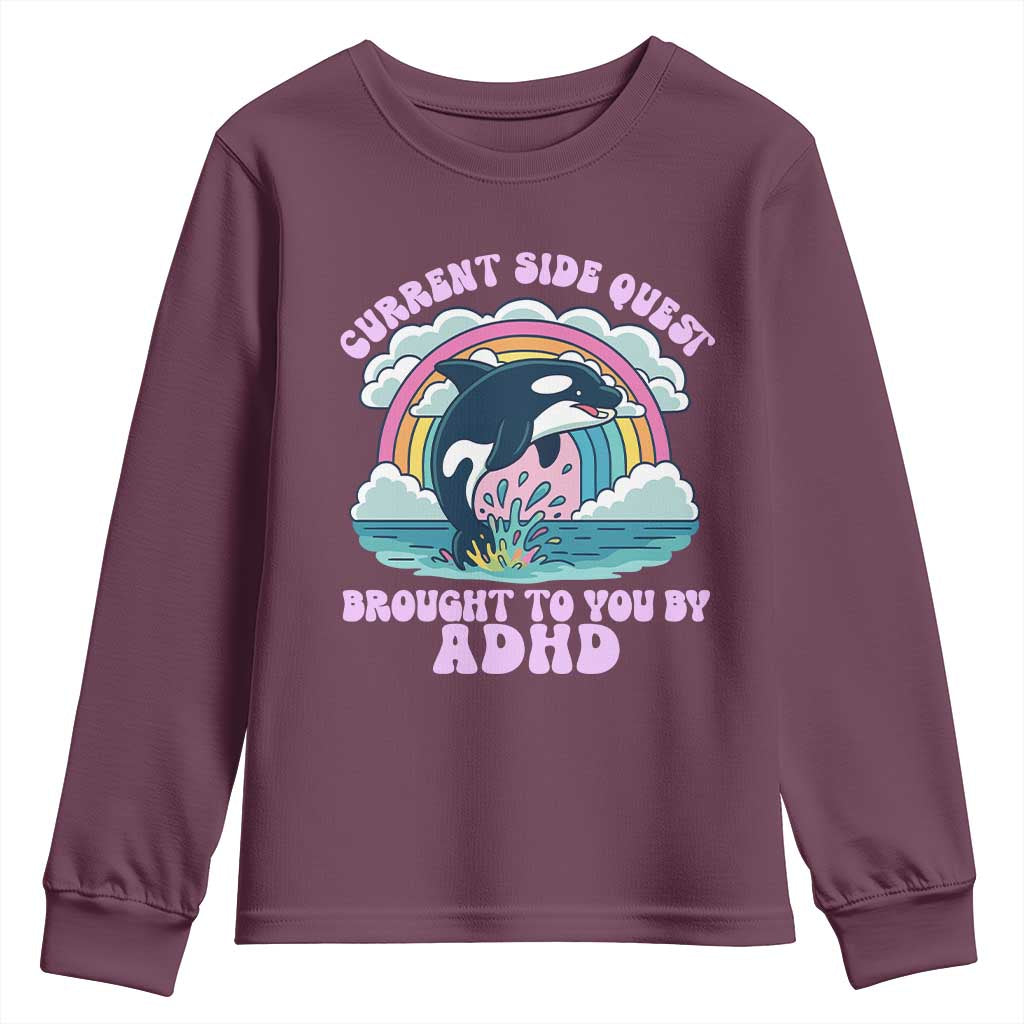 Side Quest ADHD Youth Sweatshirt Funny Neurodivergent Meme TS10 Maroon Print Your Wear