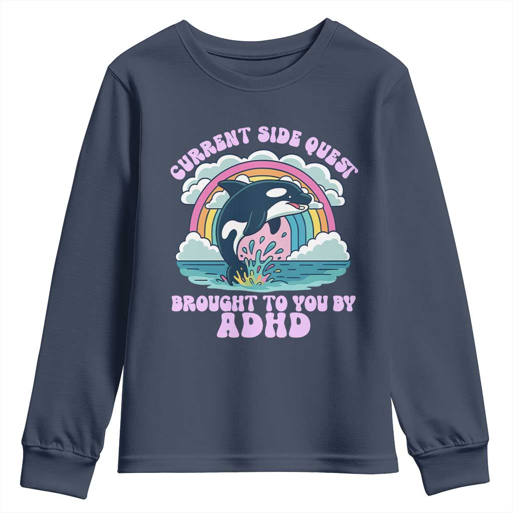 Side Quest ADHD Youth Sweatshirt Funny Neurodivergent Meme TS10 Navy Print Your Wear