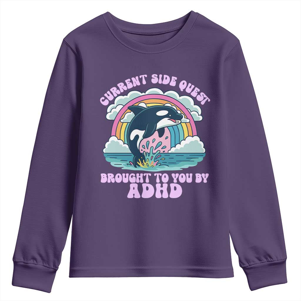 Side Quest ADHD Youth Sweatshirt Funny Neurodivergent Meme TS10 Purple Print Your Wear