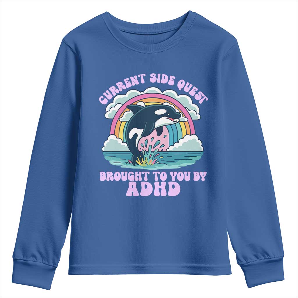 Side Quest ADHD Youth Sweatshirt Funny Neurodivergent Meme TS10 Royal Blue Print Your Wear