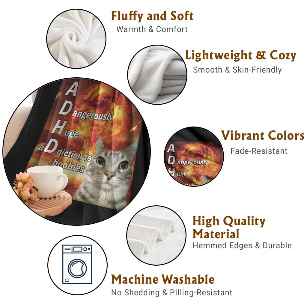 ADHD Cat Meme Throw Blanket Funny Kitty Flames Neurodivergent Gen Z TS10 Print Your Wear