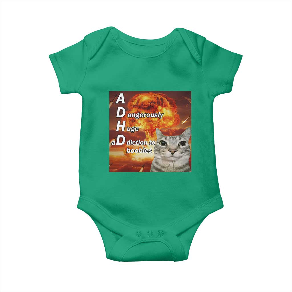 ADHD Cat Meme Baby Onesie Funny Kitty Flames Neurodivergent Gen Z TS10 Irish Green Print Your Wear