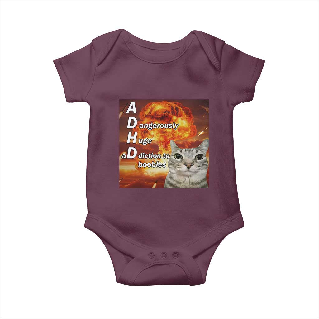 ADHD Cat Meme Baby Onesie Funny Kitty Flames Neurodivergent Gen Z TS10 Maroon Print Your Wear