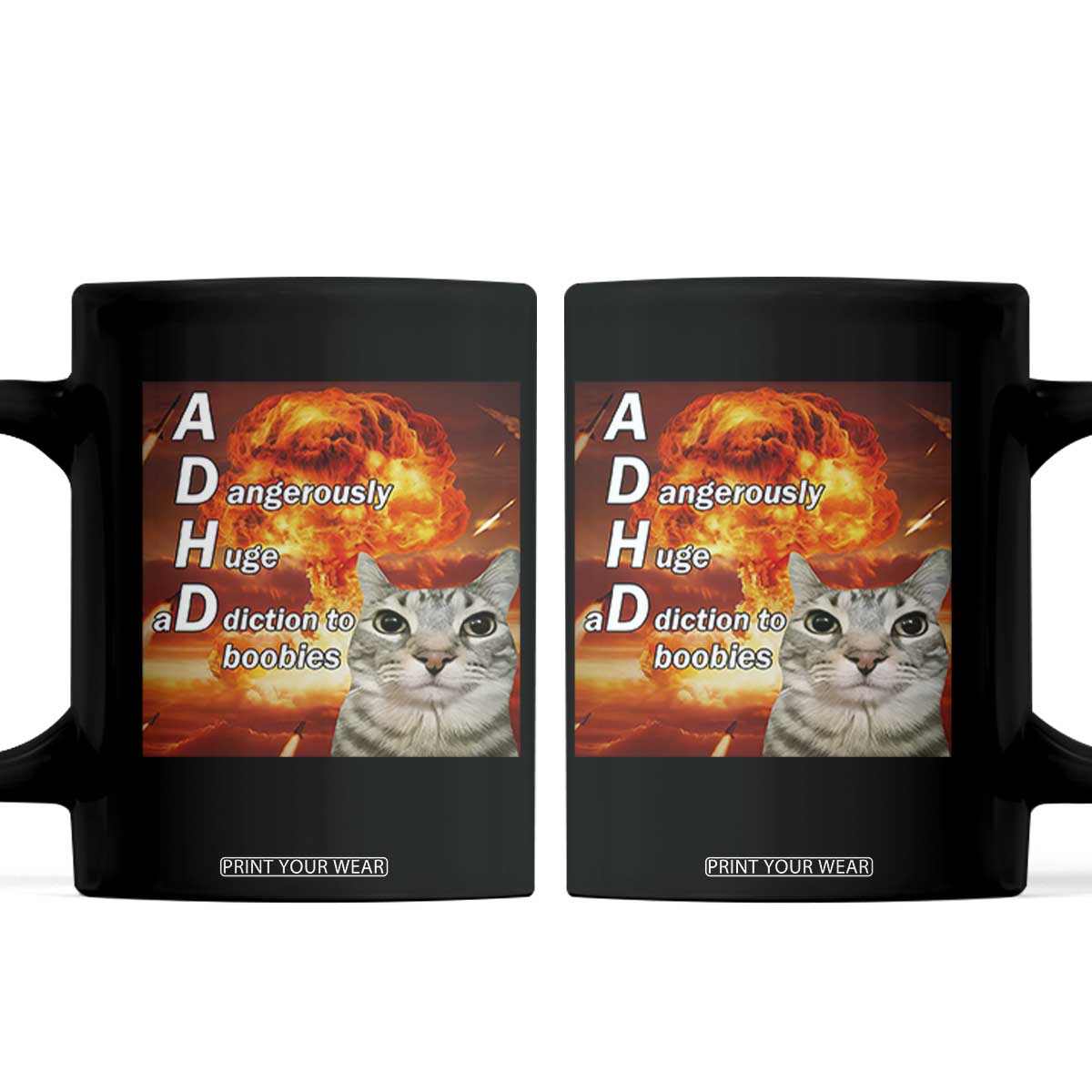 ADHD Cat Meme Coffee Mug Funny Kitty Flames Neurodivergent Gen Z TS10 Black Print Your Wear