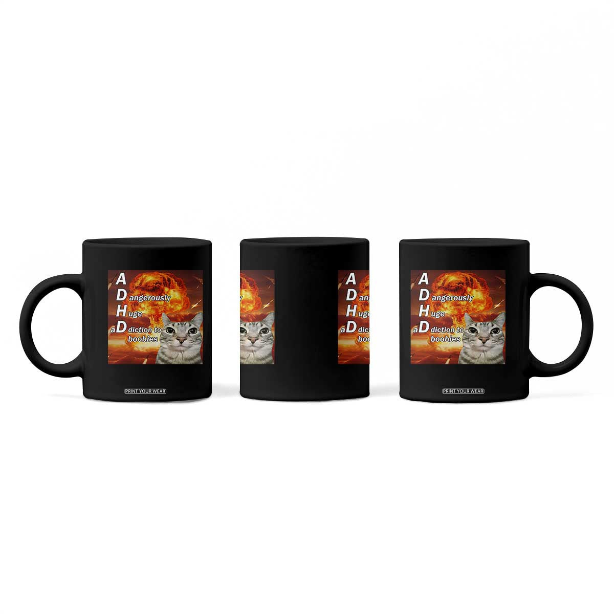 ADHD Cat Meme Coffee Mug Funny Kitty Flames Neurodivergent Gen Z TS10 Print Your Wear
