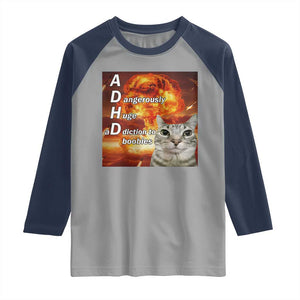 ADHD Cat Meme Raglan Shirt Funny Kitty Flames Neurodivergent Gen Z TS10 Sport Gray Navy Print Your Wear