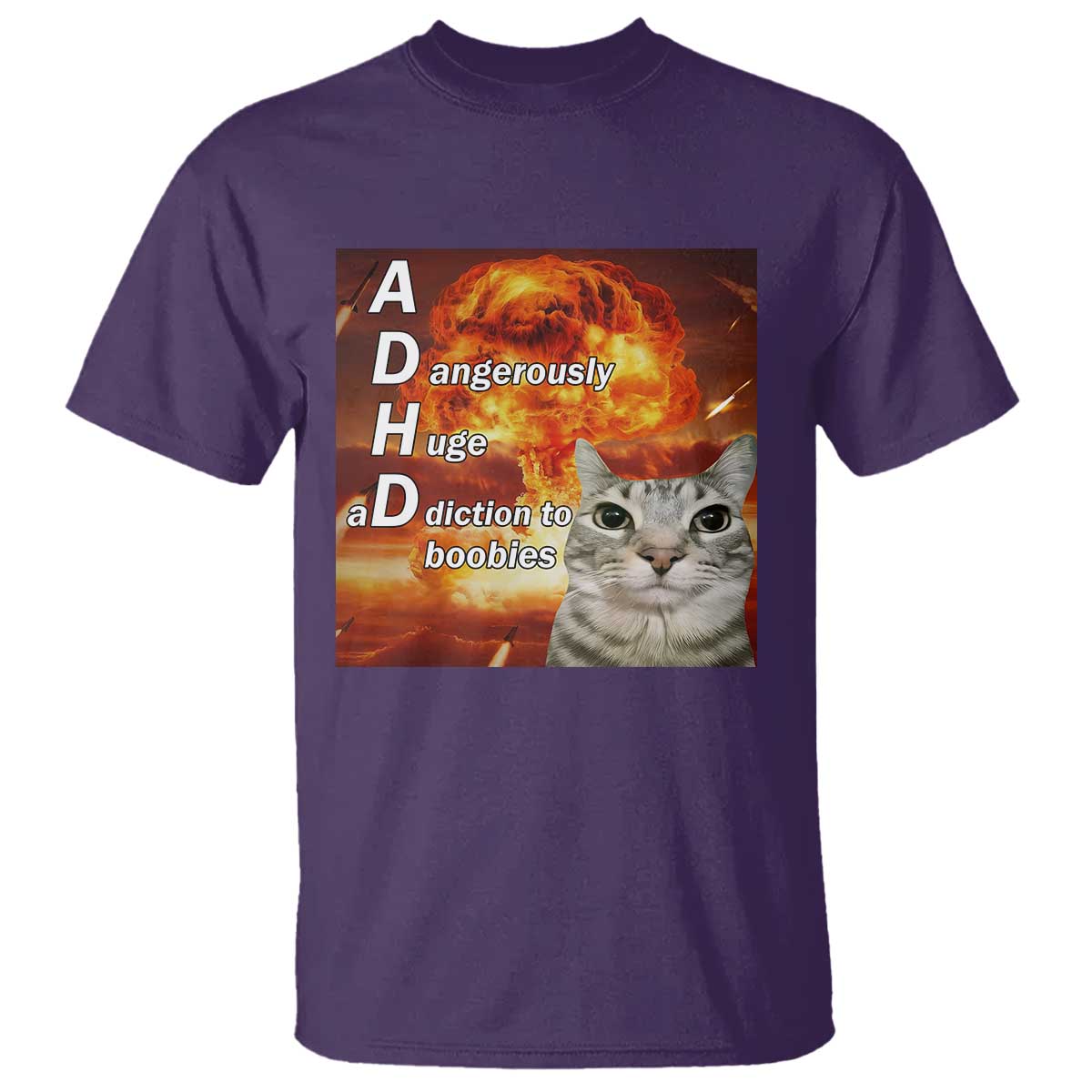 ADHD Cat Meme T Shirt Funny Kitty Flames Neurodivergent Gen Z TS10 Purple Print Your Wear