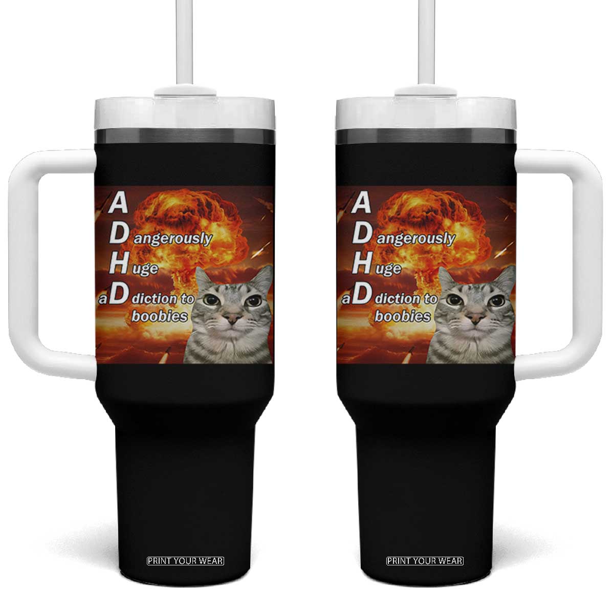 ADHD Cat Meme Tumbler With Handle Funny Kitty Flames Neurodivergent Gen Z TS10 One Size: 40 oz Black Print Your Wear