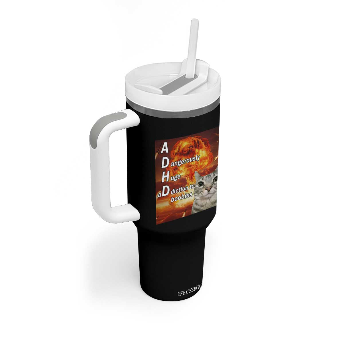 ADHD Cat Meme Tumbler With Handle Funny Kitty Flames Neurodivergent Gen Z TS10 Print Your Wear