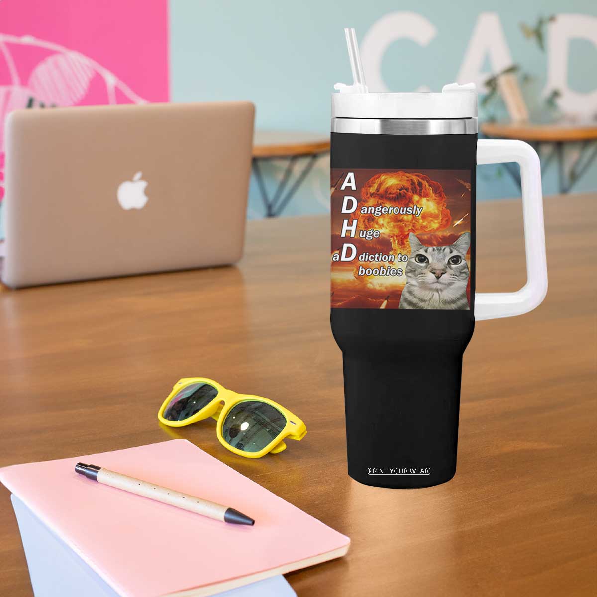ADHD Cat Meme Tumbler With Handle Funny Kitty Flames Neurodivergent Gen Z TS10 Print Your Wear