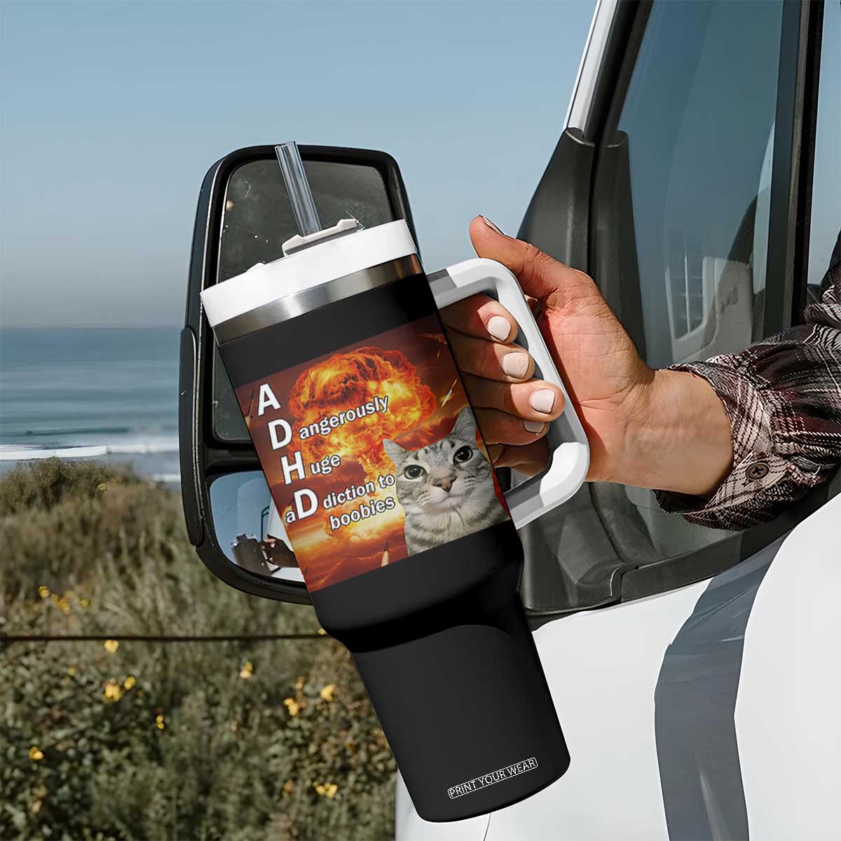 ADHD Cat Meme Tumbler With Handle Funny Kitty Flames Neurodivergent Gen Z TS10 Print Your Wear