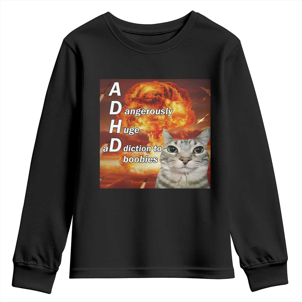ADHD Cat Meme Youth Sweatshirt Funny Kitty Flames Neurodivergent Gen Z TS10 Black Print Your Wear