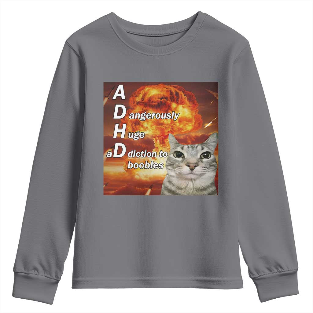 ADHD Cat Meme Youth Sweatshirt Funny Kitty Flames Neurodivergent Gen Z TS10 Charcoal Print Your Wear
