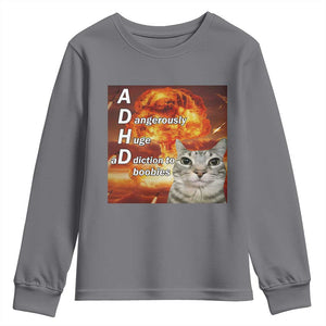 ADHD Cat Meme Youth Sweatshirt Funny Kitty Flames Neurodivergent Gen Z TS10 Charcoal Print Your Wear
