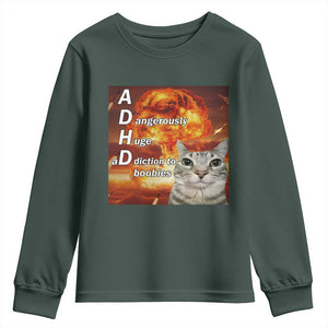 ADHD Cat Meme Youth Sweatshirt Funny Kitty Flames Neurodivergent Gen Z TS10 Dark Forest Green Print Your Wear