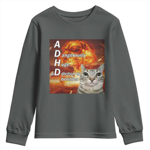ADHD Cat Meme Youth Sweatshirt Funny Kitty Flames Neurodivergent Gen Z TS10 Dark Heather Print Your Wear