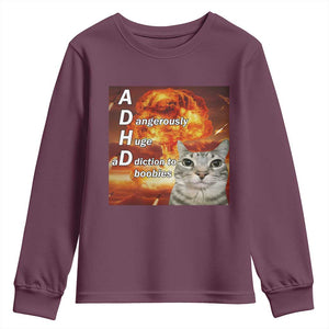 ADHD Cat Meme Youth Sweatshirt Funny Kitty Flames Neurodivergent Gen Z TS10 Maroon Print Your Wear
