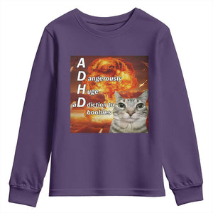 ADHD Cat Meme Youth Sweatshirt Funny Kitty Flames Neurodivergent Gen Z TS10 Purple Print Your Wear