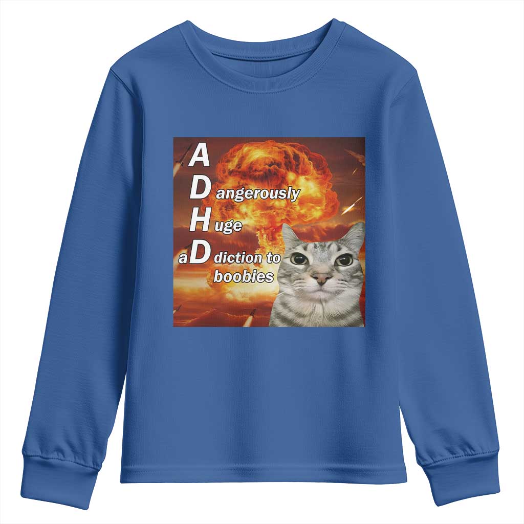 ADHD Cat Meme Youth Sweatshirt Funny Kitty Flames Neurodivergent Gen Z TS10 Royal Blue Print Your Wear