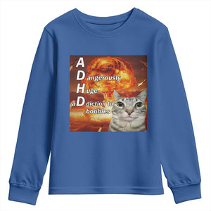 ADHD Cat Meme Youth Sweatshirt Funny Kitty Flames Neurodivergent Gen Z TS10 Royal Blue Print Your Wear