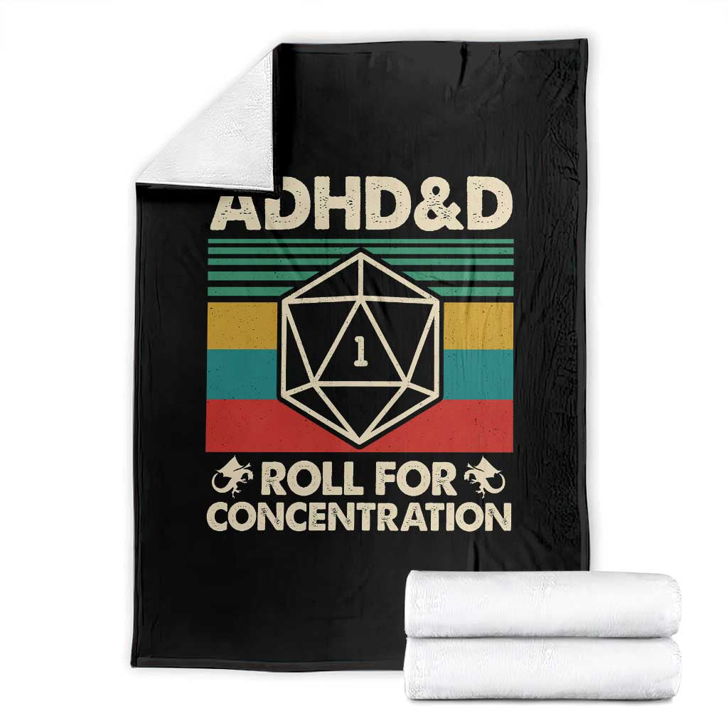 ADHD&D Roll for Concentration Throw Blanket Retro 90s ADHD Roll For Concentration Funny Gamer TS10 Black Print Your Wear