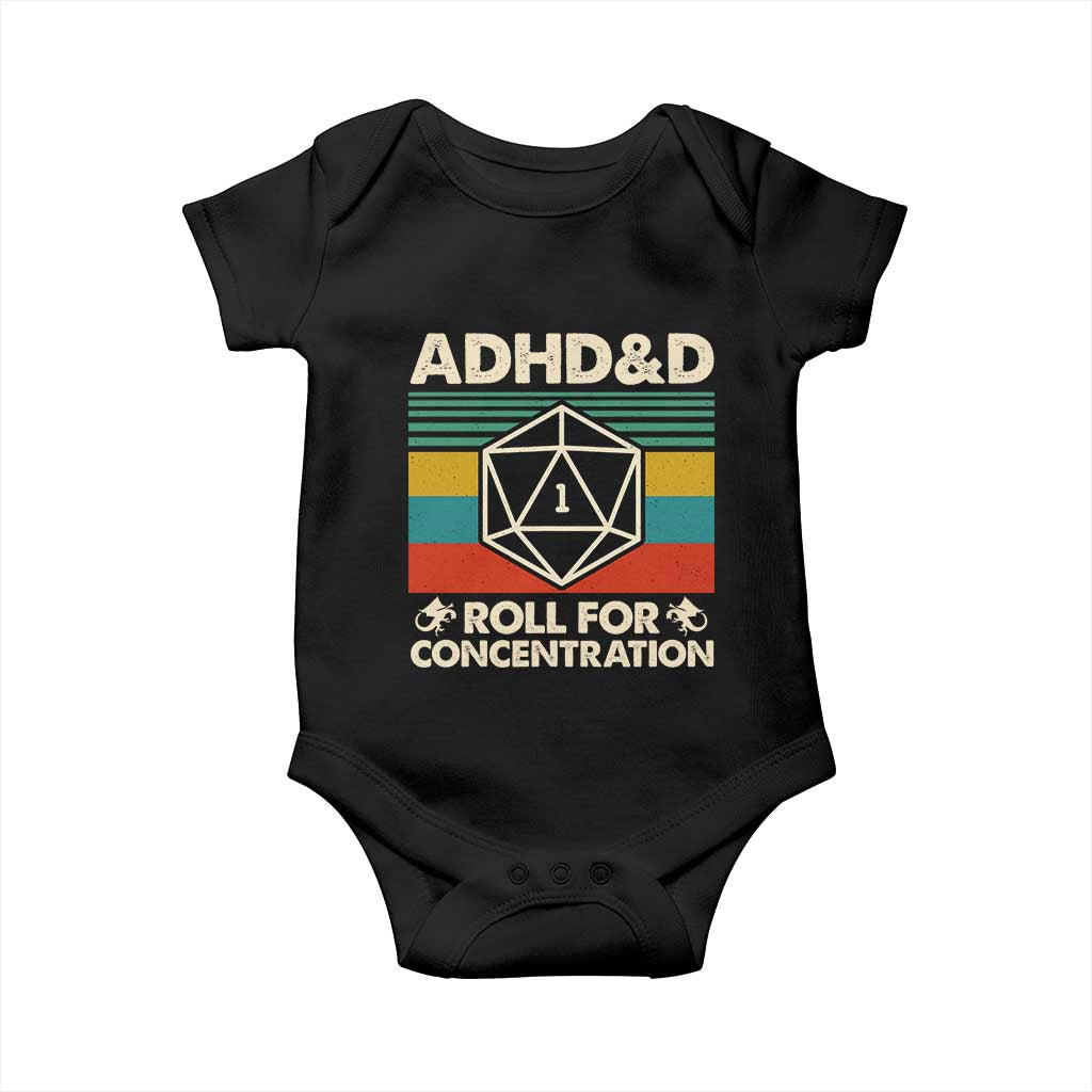 ADHD&D Roll for Concentration Baby Onesie Retro 90s ADHD Roll For Concentration Funny Gamer TS10 Black Print Your Wear