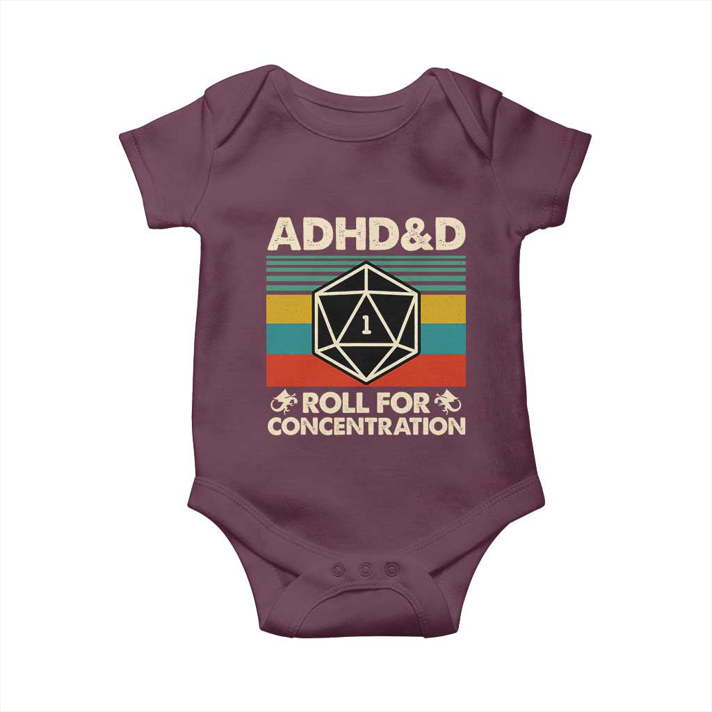 ADHD&D Roll for Concentration Baby Onesie Retro 90s ADHD Roll For Concentration Funny Gamer TS10 Maroon Print Your Wear