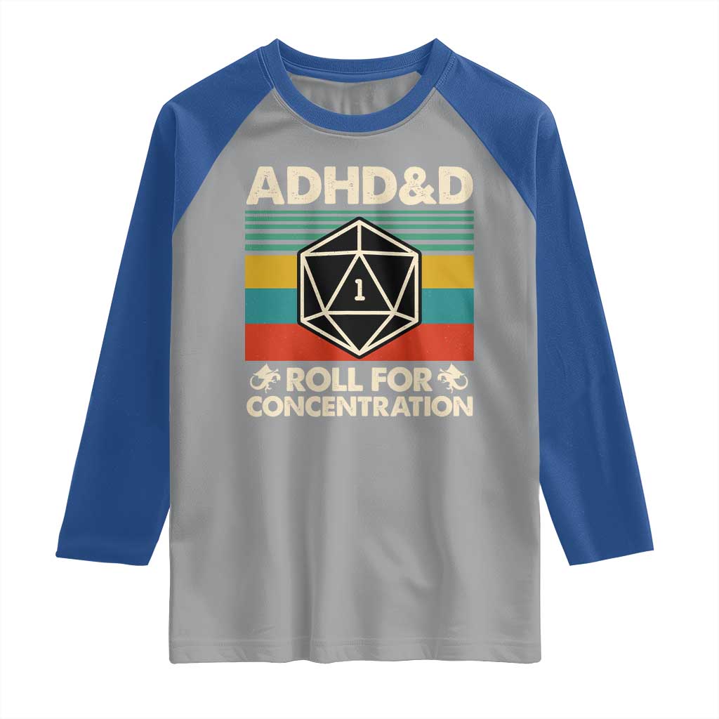 ADHD&D Roll for Concentration Raglan Shirt Retro 90s ADHD Roll For Concentration Funny Gamer TS10 Sport Gray Royal Print Your Wear
