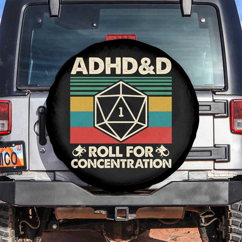 ADHD&D Roll for Concentration Spare Tire Cover Retro 90s ADHD Roll For Concentration Funny Gamer TS10 No hole Black Print Your Wear