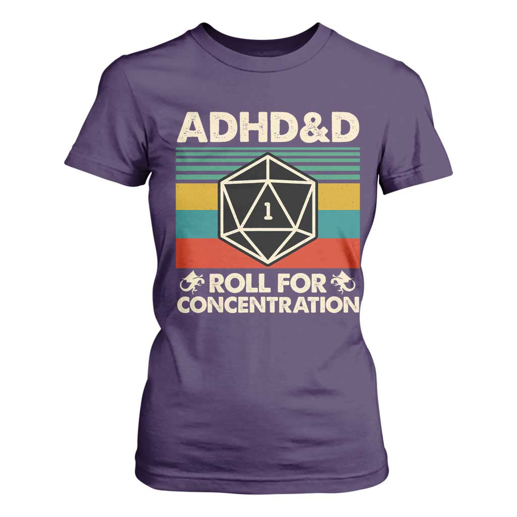 ADHD&D Roll for Concentration T Shirt For Women Retro 90s ADHD Roll For Concentration Funny Gamer TS10 Purple Print Your Wear