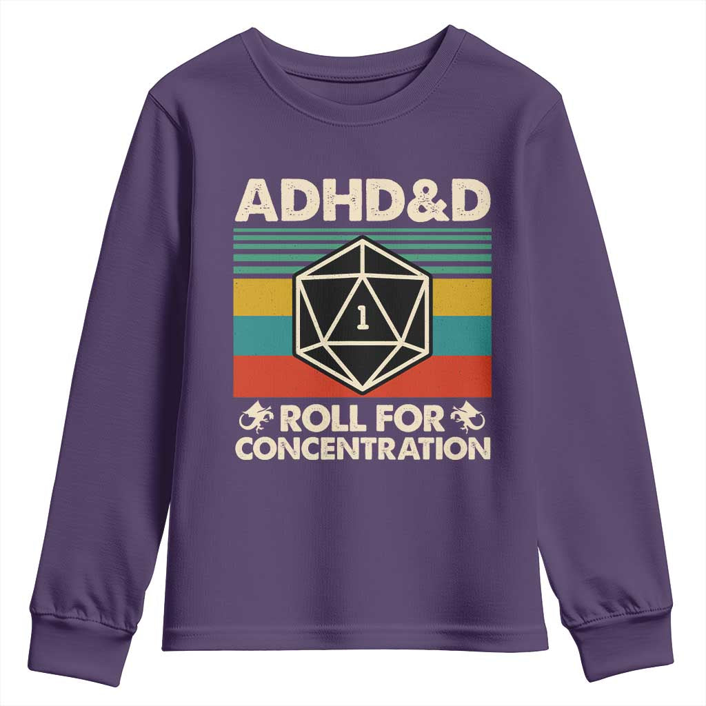 ADHD&D Roll for Concentration Youth Sweatshirt Retro 90s ADHD Roll For Concentration Funny Gamer TS10 Purple Print Your Wear