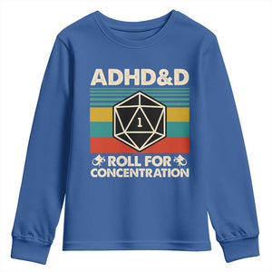 ADHD&D Roll for Concentration Youth Sweatshirt Retro 90s ADHD Roll For Concentration Funny Gamer TS10 Royal Blue Print Your Wear