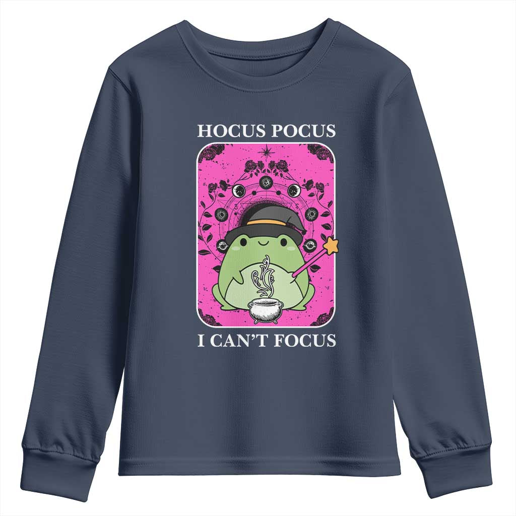 ADHD Meme Youth Sweatshirt Neurodivergent Wizard Frog I Cant Focus TS10 Navy Print Your Wear