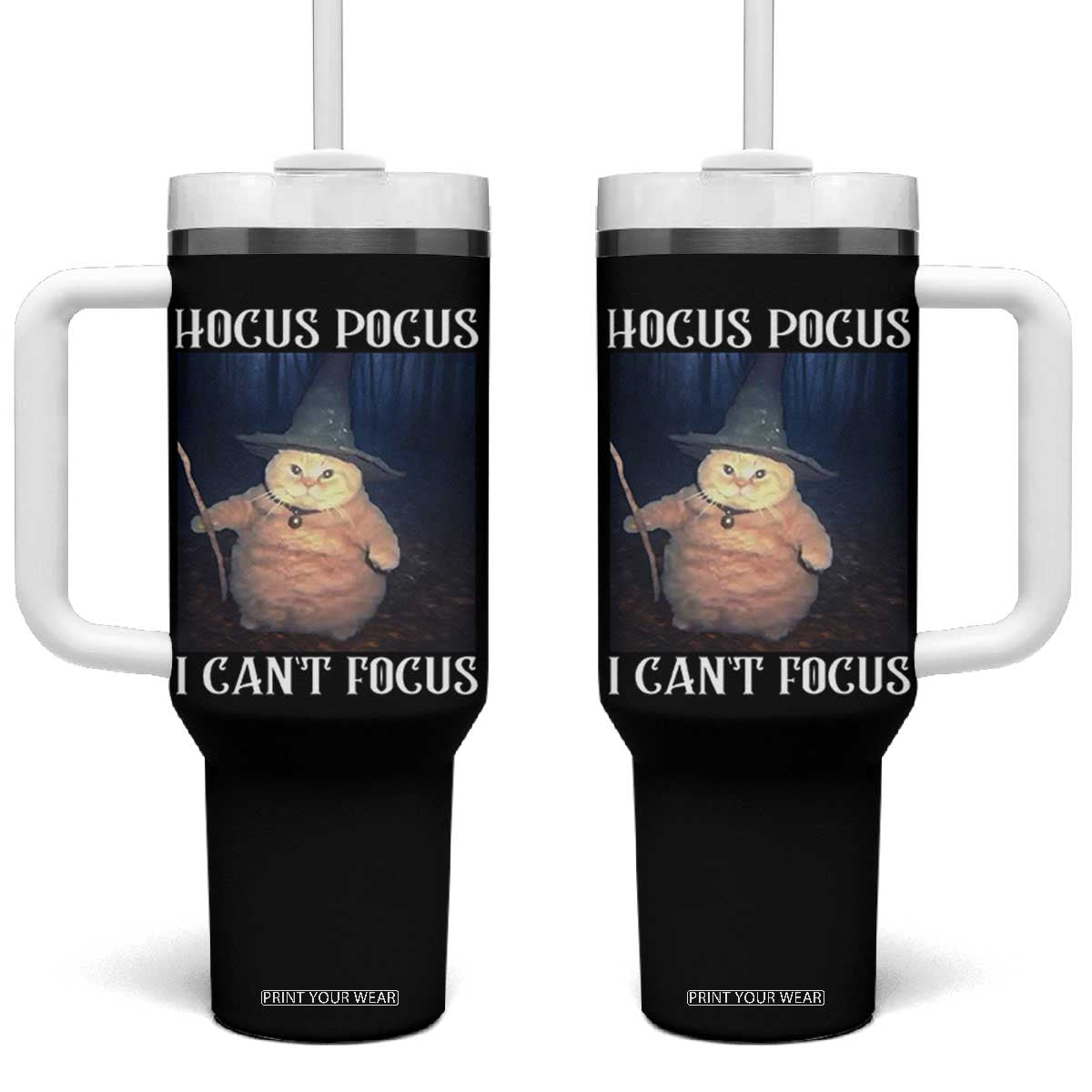 ADHD Cat Meme Tumbler With Handle Neurodivergent Wizard Cat I Cant Focus TS10 One Size: 40 oz Black Print Your Wear