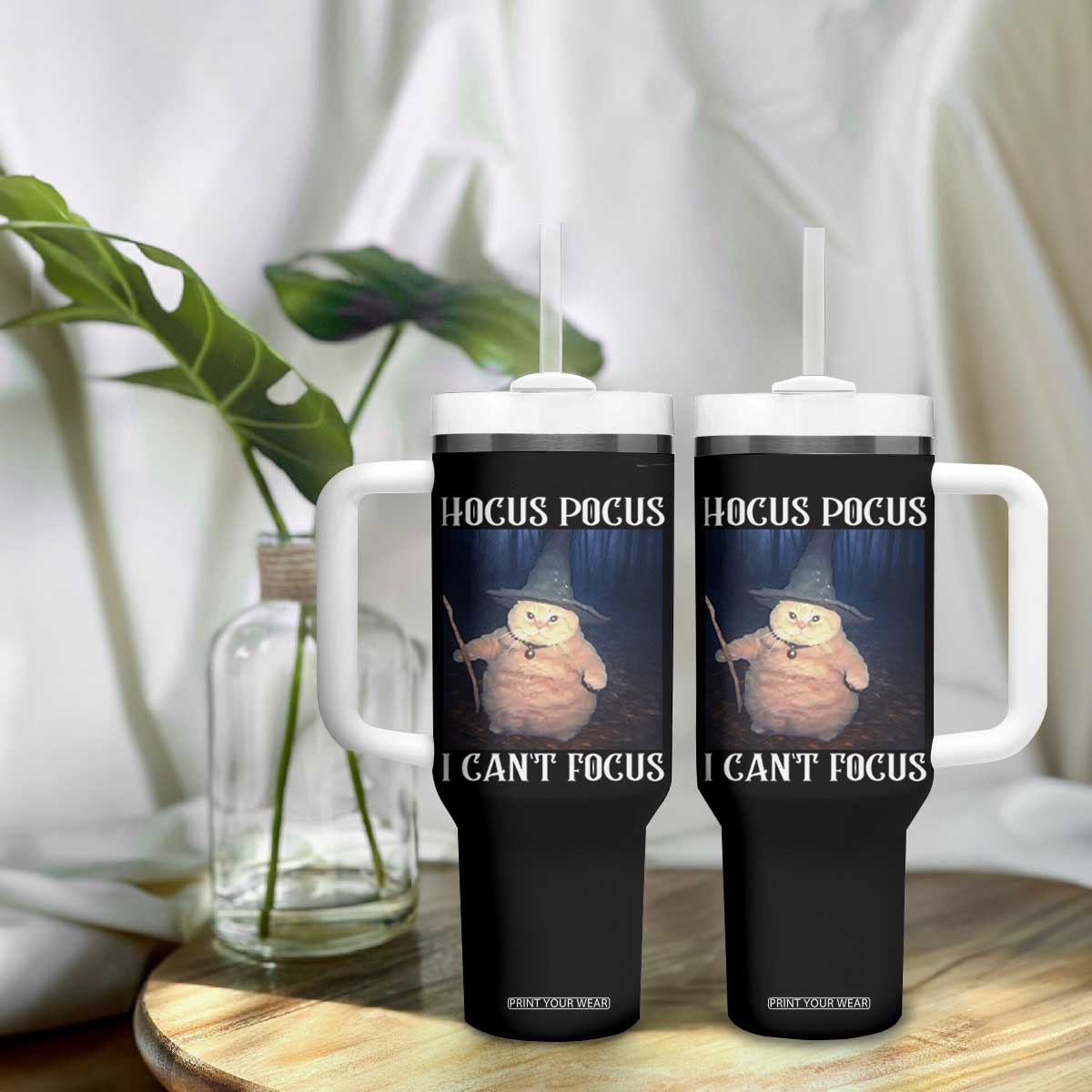 ADHD Cat Meme Tumbler With Handle Neurodivergent Wizard Cat I Cant Focus TS10 Print Your Wear
