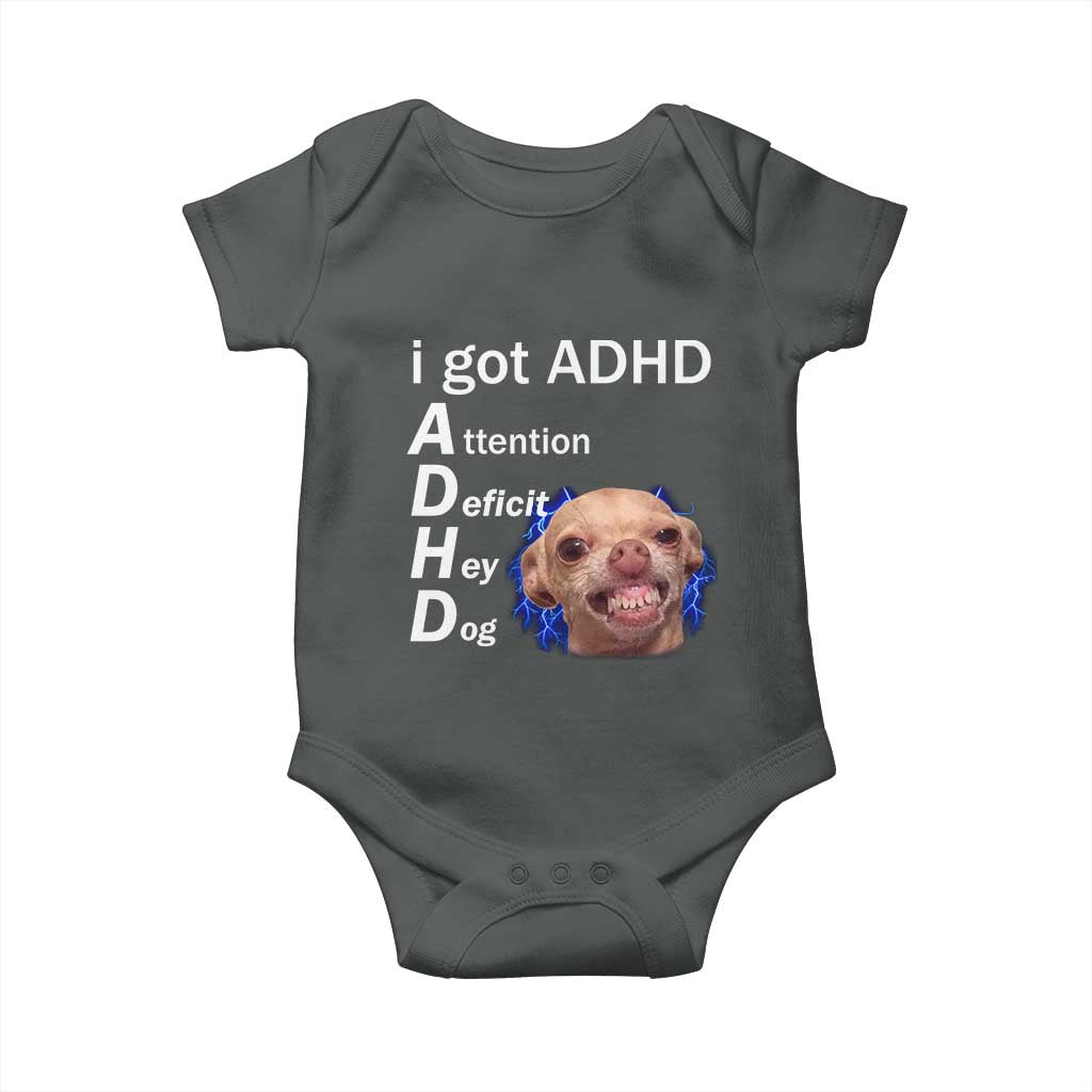 Funny ADHD Dog Meme Baby Onesie Attention Deficit Hey Dog Humor Lovers TS10 Dark Heather Print Your Wear