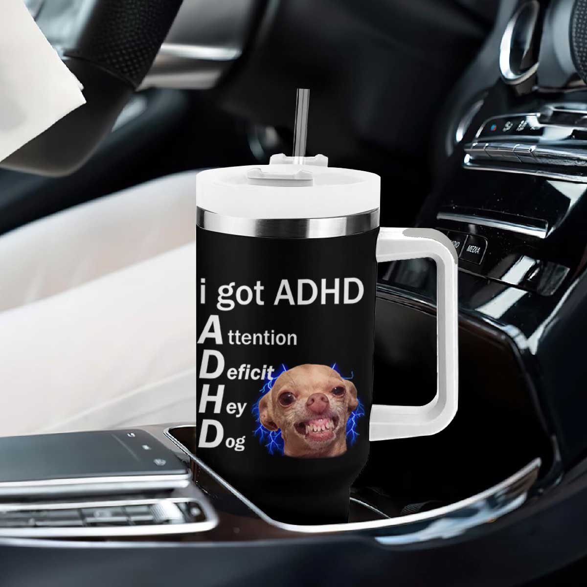 Funny ADHD Dog Meme Tumbler With Handle Attention Deficit Hey Dog Humor Lovers TS10 Print Your Wear