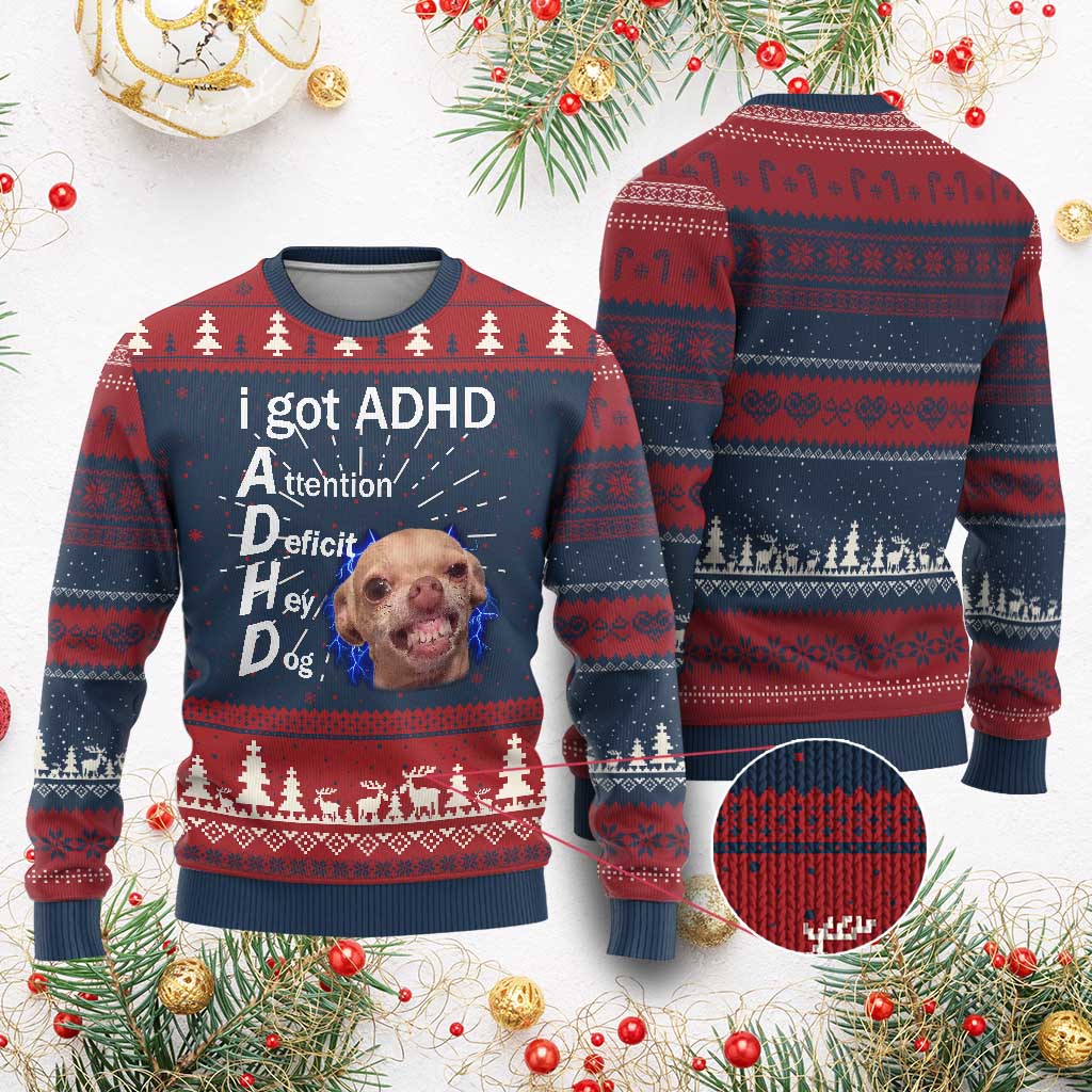 Funny ADHD Dog Meme Knit Sweatshirt Attention Deficit Hey Dog Humor Lovers TS10 Burgundy Print Your Wear