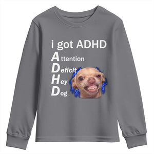Funny ADHD Dog Meme Youth Sweatshirt Attention Deficit Hey Dog Humor Lovers TS10 Charcoal Print Your Wear