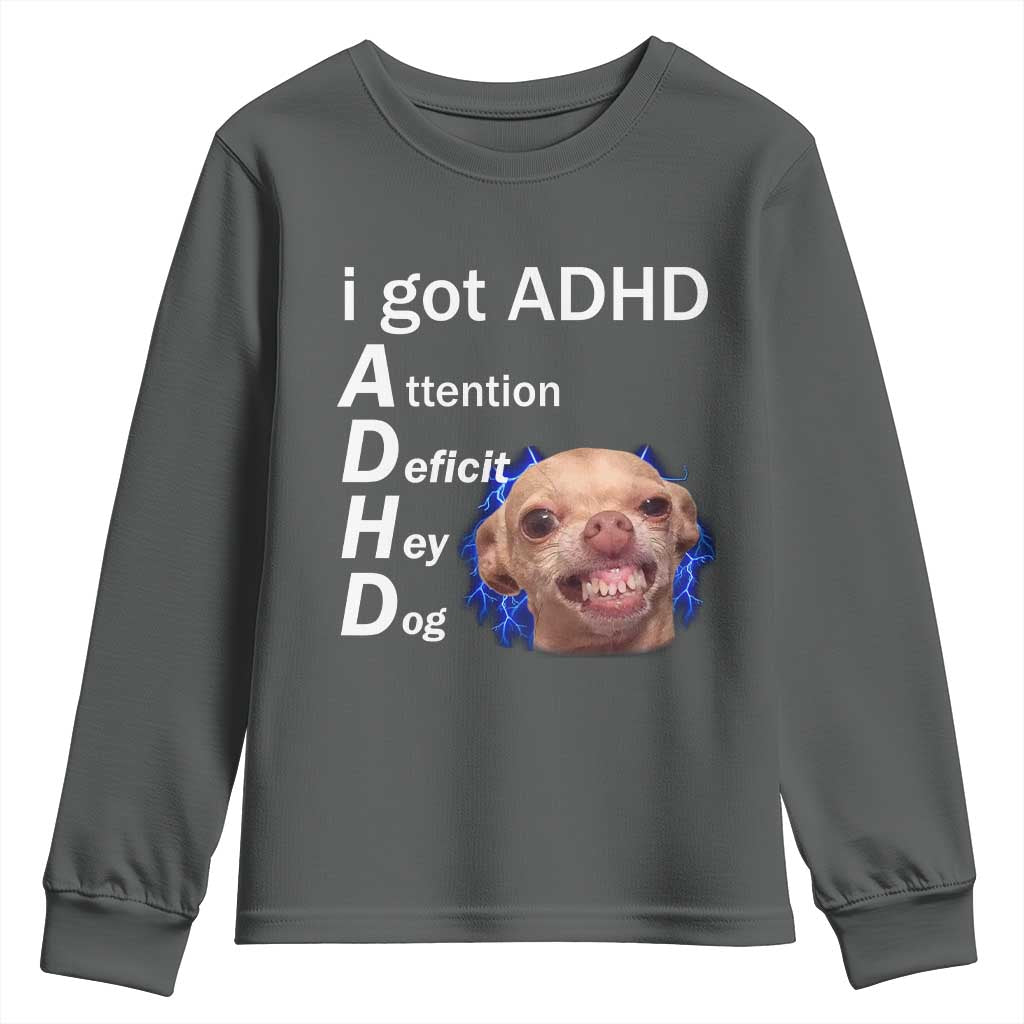 Funny ADHD Dog Meme Youth Sweatshirt Attention Deficit Hey Dog Humor Lovers TS10 Dark Heather Print Your Wear