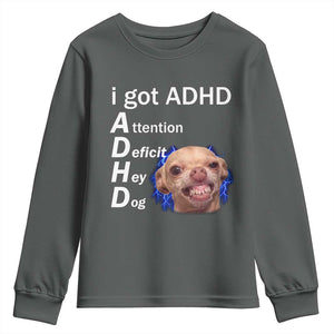 Funny ADHD Dog Meme Youth Sweatshirt Attention Deficit Hey Dog Humor Lovers TS10 Dark Heather Print Your Wear