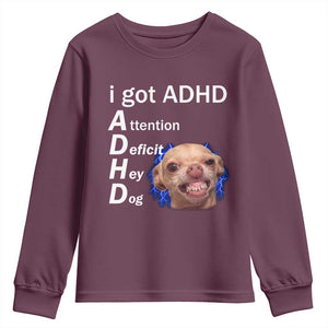 Funny ADHD Dog Meme Youth Sweatshirt Attention Deficit Hey Dog Humor Lovers TS10 Maroon Print Your Wear