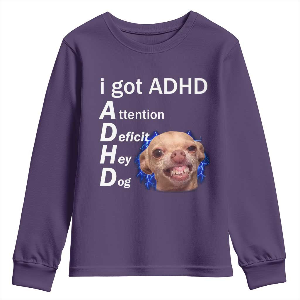 Funny ADHD Dog Meme Youth Sweatshirt Attention Deficit Hey Dog Humor Lovers TS10 Purple Print Your Wear