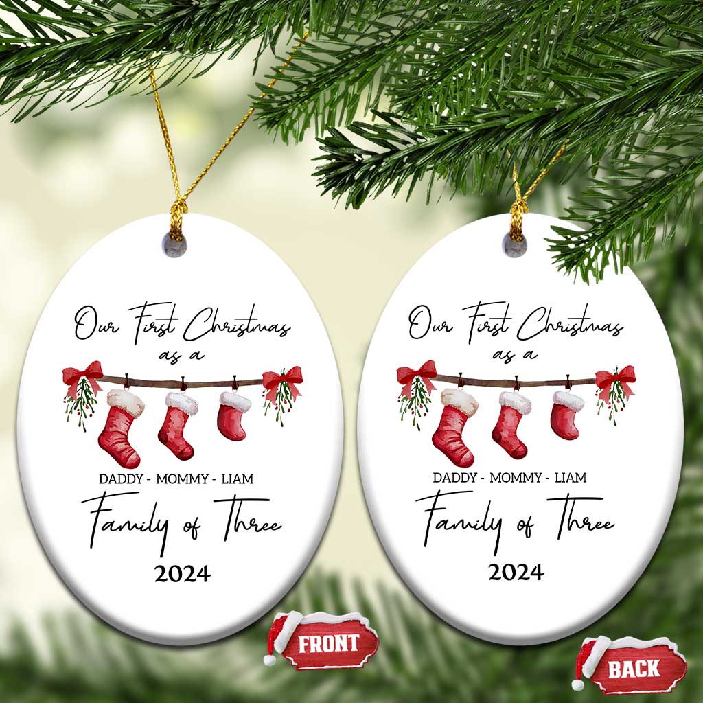 Personalized First Xmas As A Family Of Three Christmas Ornament Custom Name Family With Baby TS10 Oval White Print Your Wear