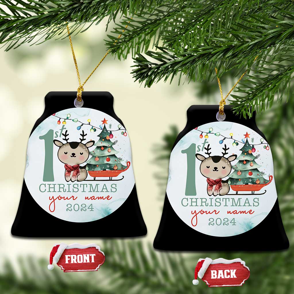 Personalized Baby's First Christmas Ornament 2024 Custom Name Keepsake Xmas Decoration Adorable Reindeer TS10 Bell Flake Green Print Your Wear