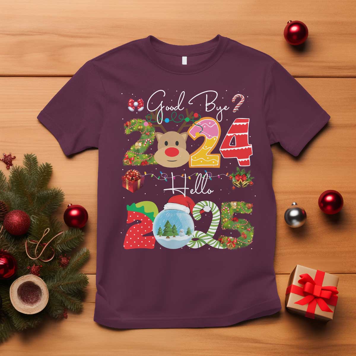 New Year 2025 T Shirt Merry Christmas Good Bye 2024 Hello 2025 TS10 Maroon Print Your Wear