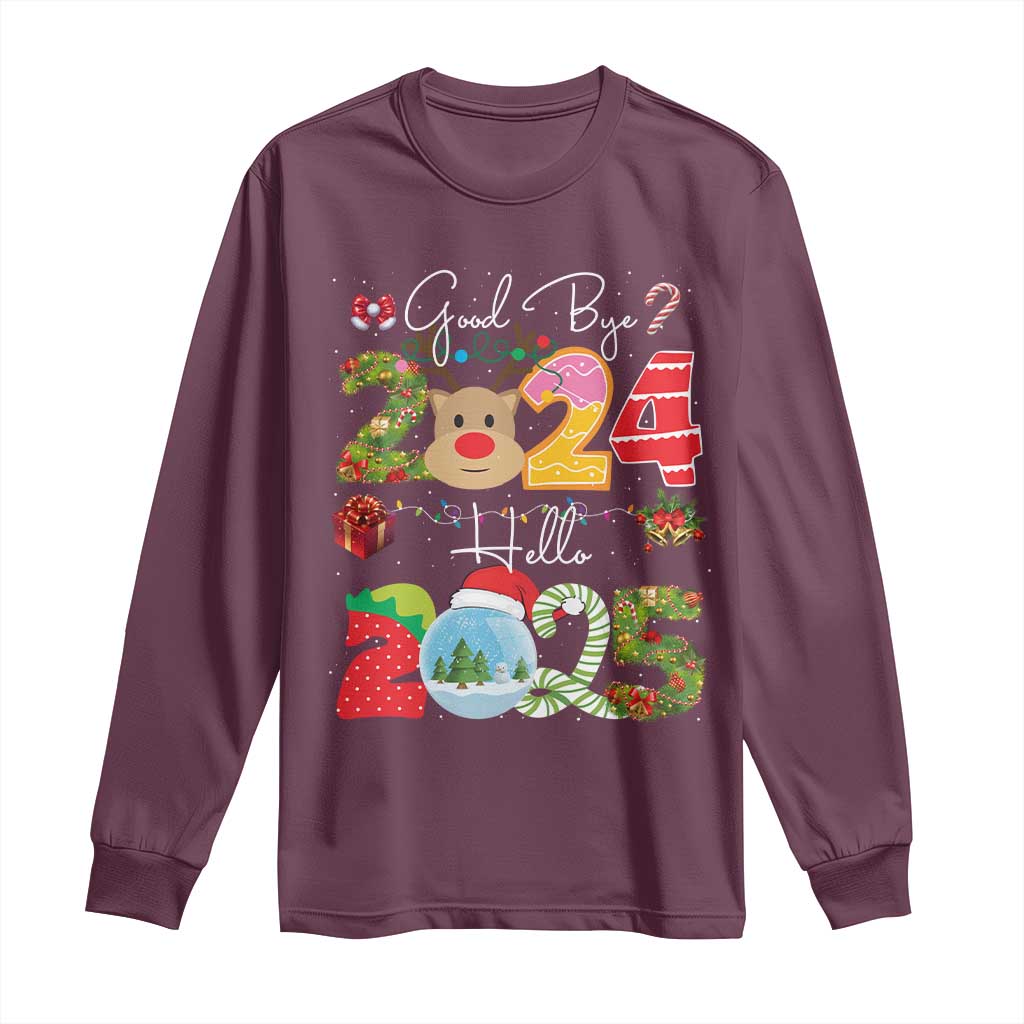 New Year 2025 Long Sleeve Shirt Merry Christmas Good Bye 2024 Hello 2025 TS10 Maroon Print Your Wear