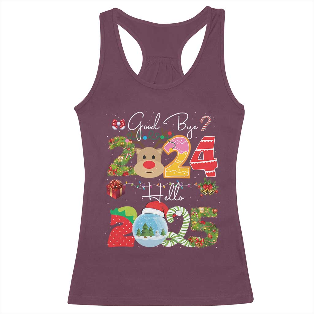 New Year 2025 Racerback Tank Top Merry Christmas Good Bye 2024 Hello 2025 TS10 Maroon Print Your Wear